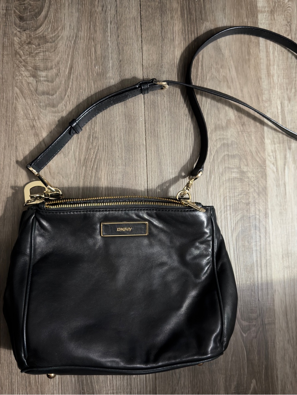 DKNY Black Leather Crossbody with Gold-Tone Trim